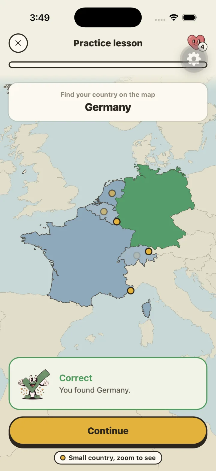 Map question: find Germany on the map, answered correctly